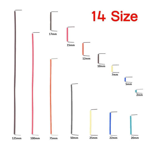 560 Piece Jumper Wire Kit With 14 Lengths Of Assorted Preformed Breadboard Wires, shown in 14 different sizes and colors.