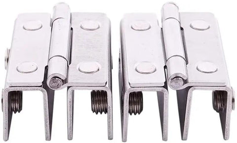 Top Shelf Adjustable Double Clamp Hinges For Frameless Shower Glass Doors Heavy Duty Stainless Steel Silver Finish close-up view.