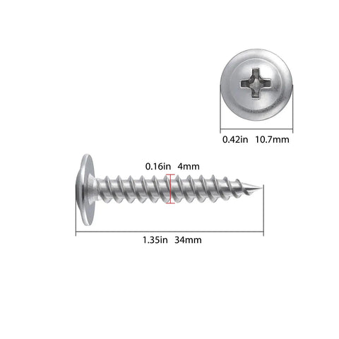 Heavy Duty Two Hundred Piece Set Of Number Eight By One Inch Quarter Phillips Truss Head Wood Screws Made From Forty Ten Stainless Steel, shown in detail with measurements.
