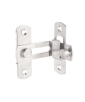 Stainless Steel Barn Bolt Spring Latch Right Angle Sliding Gate Cabinet shown from front view, solid metal construction with two mounting plates.