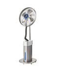 Heavy Gauge Industrial Floor Fan Blasting Serious Cool Air And Integrated Misting System with metal base and swivel wheels.