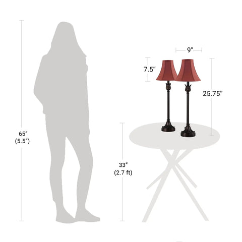 Buffet Table Lamps Set Of 2 With Bronze Finish And Burgundy Fabric Shade, 25.75 Inches Tall, displayed on a table with size guide.