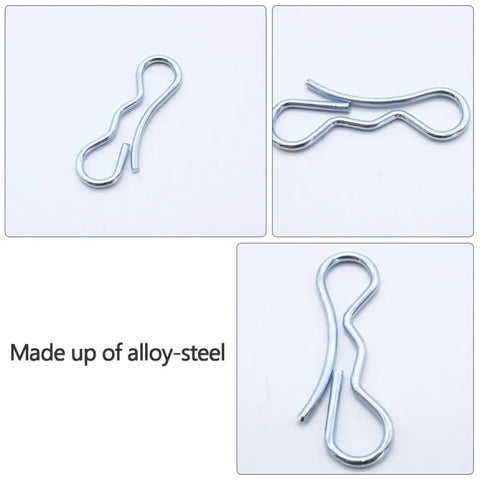 Rock Solid 5 Piece Alloy Steel Cotter Pins showing three angles of silver alloy steel cotter pin for heavy duty use.