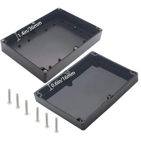 Heavy Duty IP67 Waterproof Junction Box Made From Tough ABS Plastic Electronic Enclosure For DIY Electrical Tasks Indoor Or Outdoor Black Case With Smooth Rubber Seal For No Sweat Installation All Day Long, showing two sizes and included screws.
