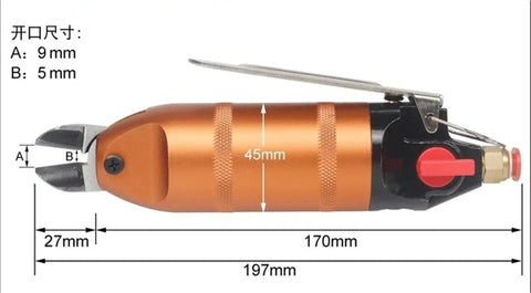 Top Shelf Pneumatic Air Scissors Nipper With F5 S5 Blades For Fast Plastic Cutting, showing dimensions and design features.
