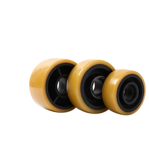 Industrial Grade Polyurethane Auxiliary Wheel For Forklift Stacker Balance Rollers With All Day Traction And Built Tough Reliability For Warehouse Rigs 125Mm Pu, three heavy duty yellow wheels.