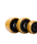 Premium Polyurethane Auxiliary Wheel For Forklift Stacker And Industrial Hoists With Smooth Rolling Balance Design, set of three yellow replacement wheels.