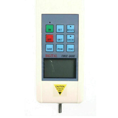 HP-500 Digital Force Gauge 1000N 110V Push-Pull Tester With Test Bench Bracket Fixture And Digital Display For Precise Tensile And Compression Force Measurement, 1% Accuracy, Easy Setup. Front view of digital force gauge with buttons and display.