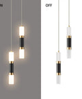 Two Light Pendant Lights For Kitchen Island Dimmable LED Modern Mini Pendant Fixtures In Black And Gold Finish Cool Sleek Bedroom Pendant Lighting For Contemporary Homes Easy Install And Warm Ambience, shown in on and off states.