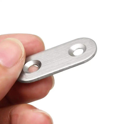 Straight Up Heavy Duty Stainless Steel Corner Braces Twenty Pack For Furniture Repair And Shelving Includes Forty Eight Installation Screws Nifty Mending Plates hand holding a flat stainless steel mending plate