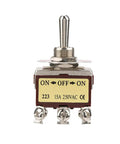 Heavy Duty 12Mm Panel Mount Toggle Switch With On Off On Circuit And Six Pin Connectors Rated At Fifteen Amps 250V Ac front view