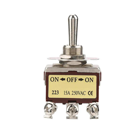 Heavy Duty 12Mm Panel Mount Toggle Switch With On Off On Circuit And Six Pin Connectors Rated At Fifteen Amps 250V Ac front view