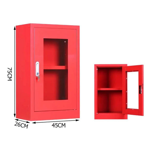 Built Tough As Nails Steel Fire Extinguisher Cabinet Floor Stand Lockable Safety Enclosure With Clear Glass Door Sweet Red Finish viewed from the side, dimensions 75x45x26cm.