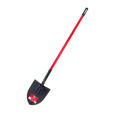 Round Point Heavy Duty Shovel With Fiberglass Long Handle For Gardening And Landscaping, Rugged Steel Build, Flat Head Design