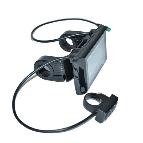 Color Screen Ebike LCD Display For 24V To 72V Systems Easy Install E Bike Meter Panel That Shows Speed Time Power Temperature And More Black Plus Easy Mount displayed at an angle showing the mount and wires.