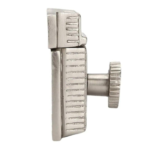 Side view of solid brass cabinet latch with classic Windsor twist design in brushed nickel finish, antique style handcrafted hardware.