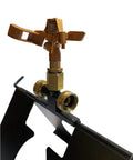 Serious Rooftop Fire Defense Sprinkler System That Stops Wildfire Embers Cold With Massive Coverage For 3300 Square Feet To Keep Your Property Safe From The Flames With Compact Tucks Away Design That Fits Almost Any Roof And Is Truly A Real Flame showing a close-up of the sprinkler head mounted on a frame.