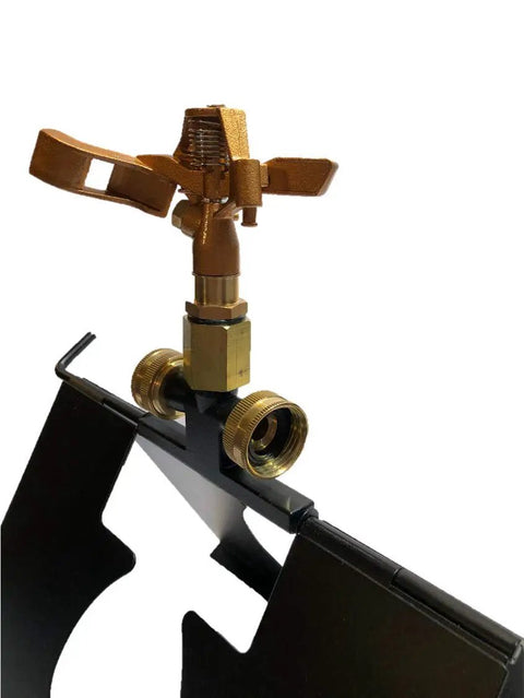 Serious Rooftop Fire Defense Sprinkler System That Stops Wildfire Embers Cold With Massive Coverage For 3300 Square Feet To Keep Your Property Safe From The Flames With Compact Tucks Away Design That Fits Almost Any Roof And Is Truly A Real Flame showing a close-up of the sprinkler head mounted on a frame.