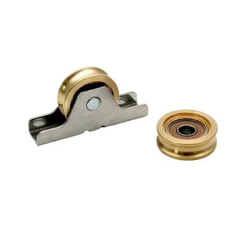 Four Piece V Groove Sliding Door Rollers With Antique Copper Finish Heavy Duty Cabinet Pulleys Featuring Precision Bearings visible.
