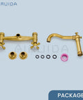 Commercial Wall Mounted Kitchen Faucet 8 Inch Center Mount With Double Cross Handles 360 Degree Rotatable Spout Antique Brass Finish Pro Grade Solid Brass Construction Built To Last For Utility Laundry And Restaurant Use package displayed with components