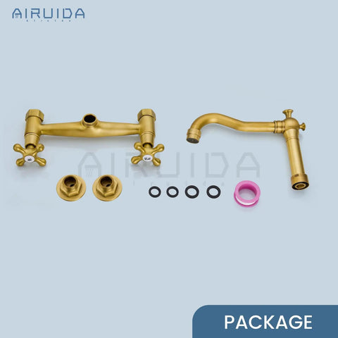 Commercial Wall Mounted Kitchen Faucet 8 Inch Center Mount With Double Cross Handles 360 Degree Rotatable Spout Antique Brass Finish Pro Grade Solid Brass Construction Built To Last For Utility Laundry And Restaurant Use package displayed with components