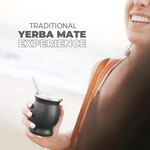 Level Up Your Daily Sip Routine With This Sleek Double Wall Stainless Steel Yerba Mate Cup Set Featuring Two Reliable Bombillas And A Hassle Free Cleaning Brush, woman holding stainless steel gourd at the beach.