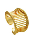 Fresh Vintage Wide Cuff Open Ring For Women Featuring A Bold Hollow Geometric Grid And Striped Texture, gold cuff with elegant lines.