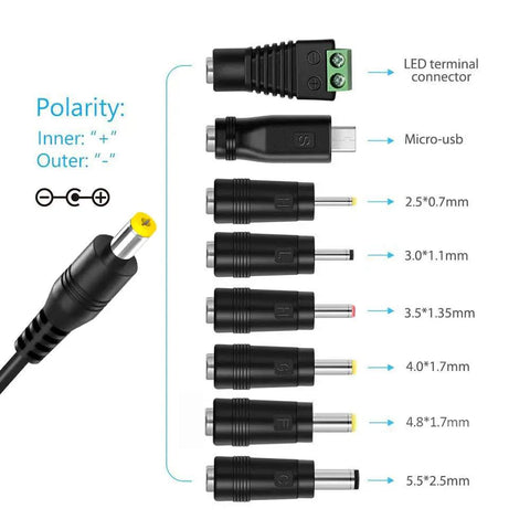 Versatile 12W Universal ACDC Power Adapter With Eight Tip Sizes, Adjustable 3V To 12V DC Output, 1000mA Max, tip connectors visible