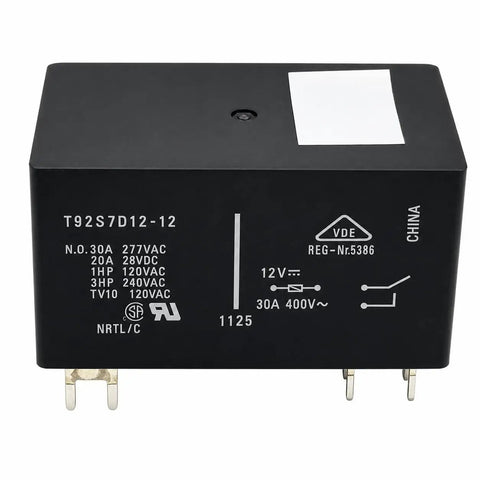 Rugged 12V Dc Power Relay Compatible With T92S7D And 1393212-8 Specs, black 8-pin relay with terminals and specifications.