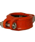 10 Inch Grooved Rigid Coupling Heavy Duty Ductile Iron Pipe Fitting Rock Solid Grip For Straight Shooter Setup Wet And Dry Plumbing Runs Rated To 500 Psi Bright Orange Industrial Finish side view of coupling
