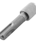 Close-up of LQ Industrial hammer drill adapter, carbon steel holder with knurled sleeve, 6.35mm to 1/4in hex