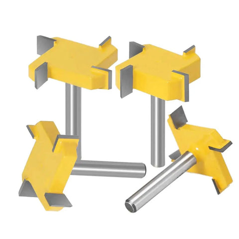 Four Piece One Quarter Inch Shank Router Bit Set For Spoilboard Surfacing And Rabbet Slot Grooving With Four Wing Cutters