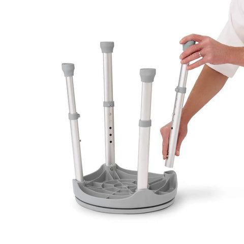 Built To Last Durable Aluminum Round Swivel Shower Stool assembly showing adjustable legs for height range 13.75 to 20.5 inches