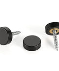 Solid Brass Screw Cover Caps Black Finish 0.6 Inch Diameter 15.3 Mm 20 Pack With Screws And Washers For Flat Head Self Tapping Screws Sizes 6 8 10 Sign And Advertising Hardware For Mirrors, displayed with screws and washers on a white background, highlighting the glossy black caps.