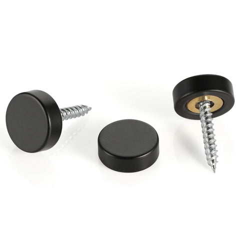 Solid Brass Screw Cover Caps Black Finish 0.6 Inch Diameter 15.3 Mm 20 Pack With Screws And Washers For Flat Head Self Tapping Screws Sizes 6 8 10 Sign And Advertising Hardware For Mirrors, displayed with screws and washers on a white background, highlighting the glossy black caps.