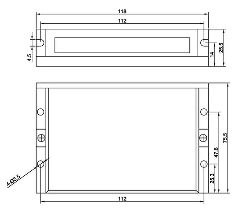 StepperOnline CNC driver mounting plate schematic (front and side views) with hole pattern; 112 mm wide, 75.5 mm tall