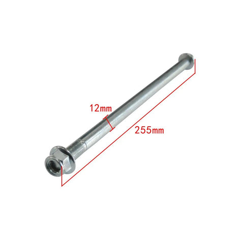 Heavy Duty Rear Axle Shaft For Pit Bike And Quad Wheel Upgrade Precision 12 Mm Diameter shown with dimensions 12mm and 255mm length.