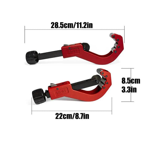 Heavy Duty Pipe Tubing Cutter For Plastic Pipes Five Ninths Inch To Two And Five Ninths Inch Outer Diameter Cuts PVC PPR PE Tubes With Quick Release Lever And Bearing Steel Wheel For Fast Clean Cuts, shown with measurements.