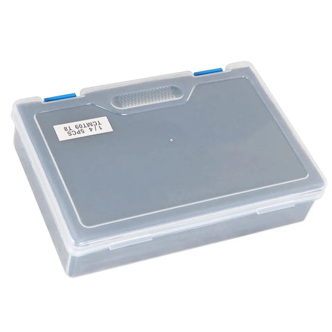 Plastic storage case for Five Piece One Quarter Inch Shank Indexable Lathe Tool Holder Set with label visible on the top.