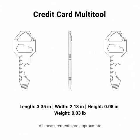Ultra Slim Metal Credit Card Multitool With Bottle Opener And Hex Key For Wallet Or Keychain dimensions and side view illustration