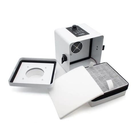 Compact Desktop Solder Fume Extractor With Dual Stage Air Purifier, disassembled showing fan, filters and exterior.