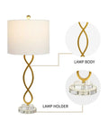 Dope Gold 30 Inch Table Lamps Set of 2, Modern Tall Skinny Buffet Lamps with Crystal Base and White Fabric Shade details