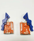 Slick Plastic Undermount Drawer Slide Front Locking Clip Pair, orange and blue polymer clips for soft close installation.