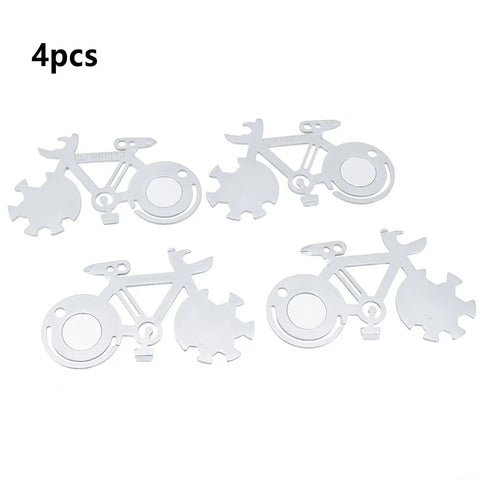 Four Do It All 14-In-1 Bicycle Multitool Cards in bike shape with stainless steel keychain tools shown on white background