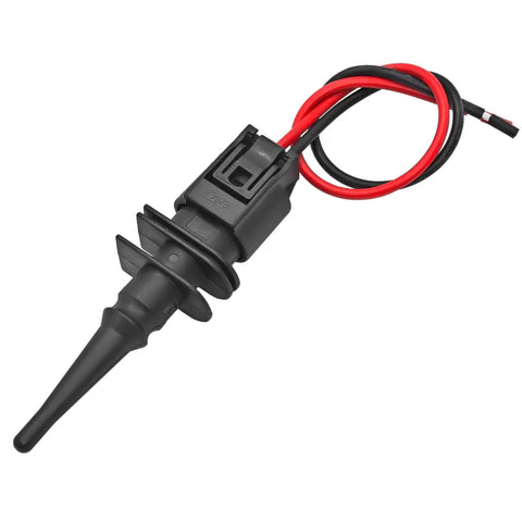 Outside Ambient Air Temperature Sensor With Plug And Play Connector Pigtail For BMW Vehicles 323i 325i 328i 330Ci 528i 530i 550i M3 M5 M6 X3 X5 X6 Z4 Z8 OE Replacement 65816905133 65816905050, black sensor with red and black wires.