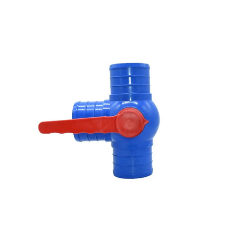Side view of Beefy All Purpose Water Hose Connector Tee Splitter with Straight Shut Off Ball Valve, red handle, blue body