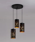3 Light Modern Kitchen Island Pendant Lights with Cylindrical Metal Cage, gold inner black finish, round base, adjustable cords