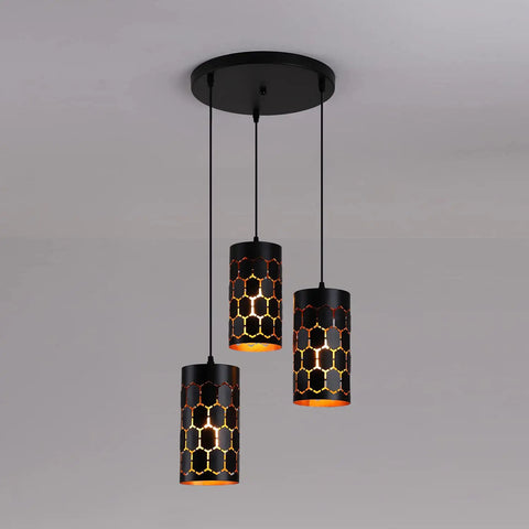 3 Light Modern Kitchen Island Pendant Lights with Cylindrical Metal Cage, gold inner black finish, round base, adjustable cords