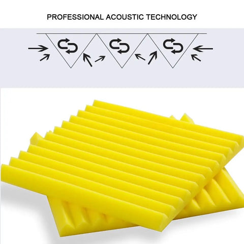 Top Shelf 20 Piece Grey Sound Proof Foam Panels For Professional Home Recording Studio Acoustic Treatment High Density Flame Retardant Wedge Tiles Quick Setup Vibe Shaper, showing yellow Wedge Foam Tiles.