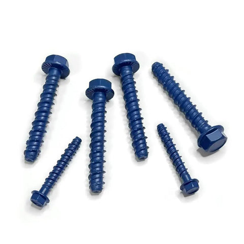 Beefy Half Inch By Five Inch Concrete Screw Anchor Kit with Drill Bit and Hex Driver, blue coated, heavy duty fasteners